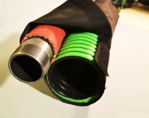 Black duplex sleeve holding two hoses in separate compartments